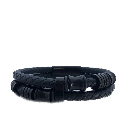 Mens Bracelet Double Row Black Braided Leather Black Stainless Steel Closure Sz - Picture 10 of 10